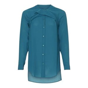 Athlein Tie Back Blouse Button Front Long Sleeve in Teal Crepe de Chine Size 10